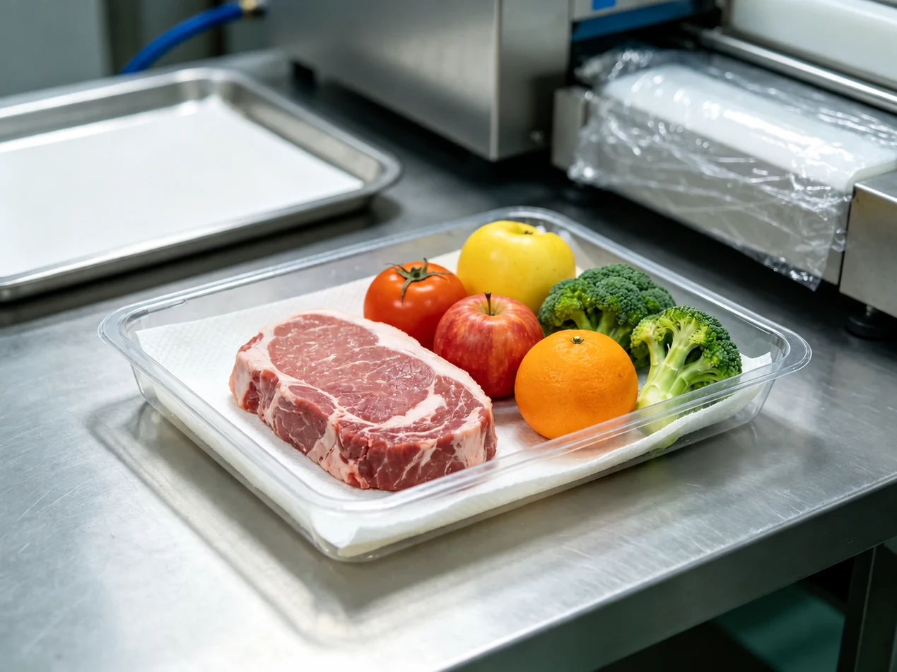 Fresh food packaging with absorbent pads